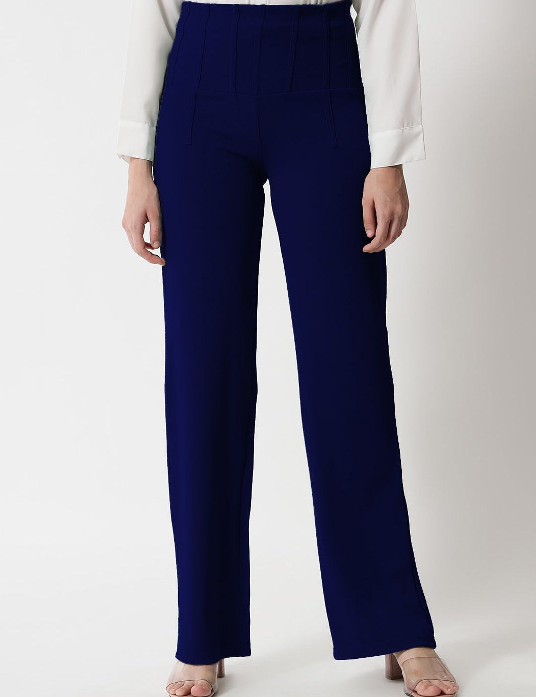 Kotty Women Navy Blue Relaxed Straight Fit High-Rise Easy Wash Trousers