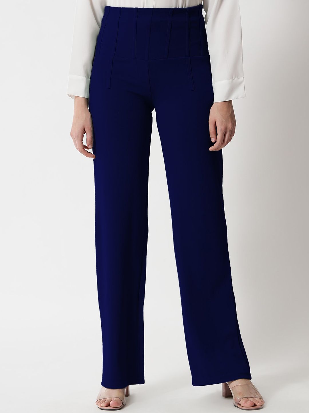 Kotty Women Navy Blue Relaxed Straight Fit High-Rise Easy Wash Trousers