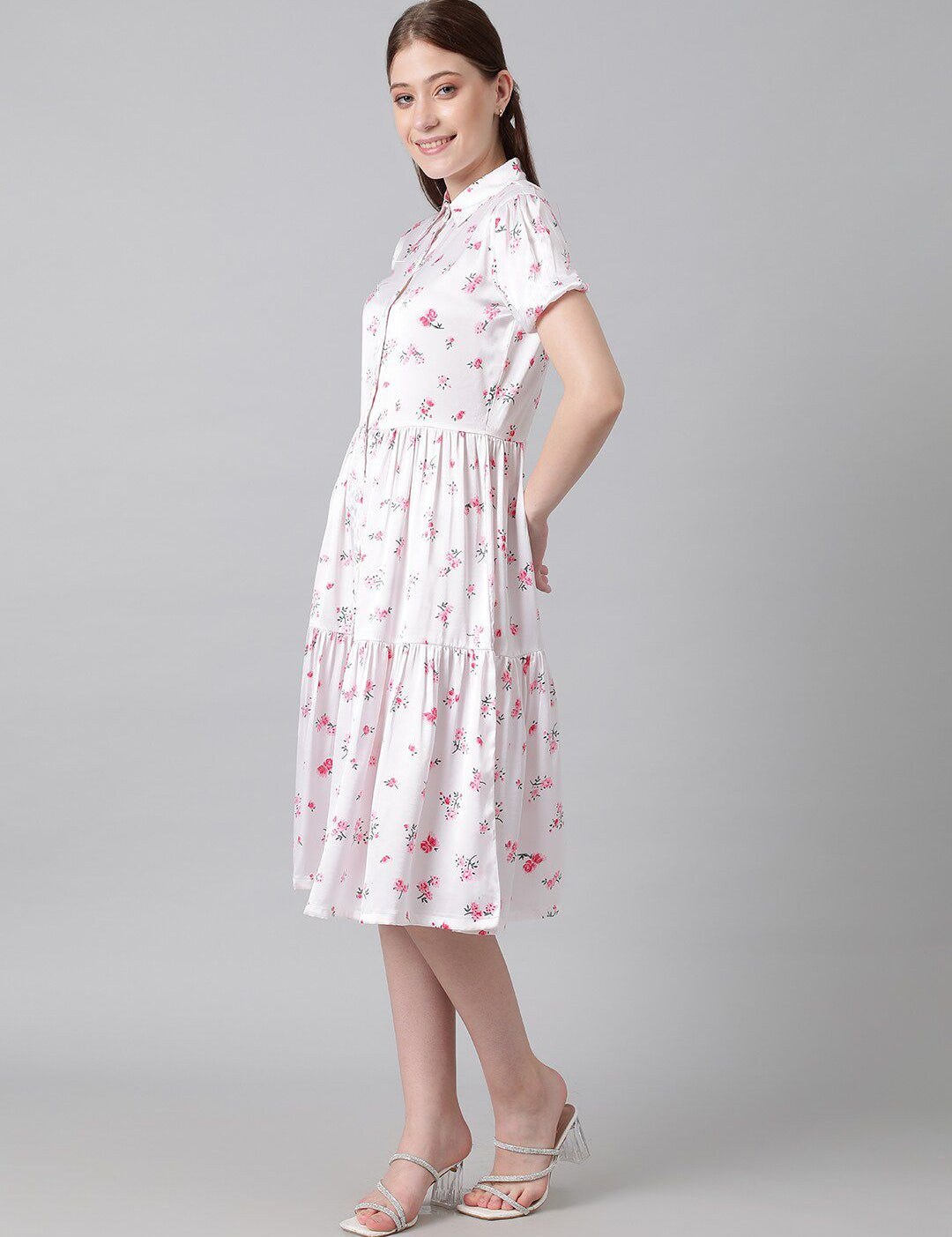 Kotty White & Pink Floral Printed Puffed Sleeves Tiered Satin Shirt Style Midi Dress