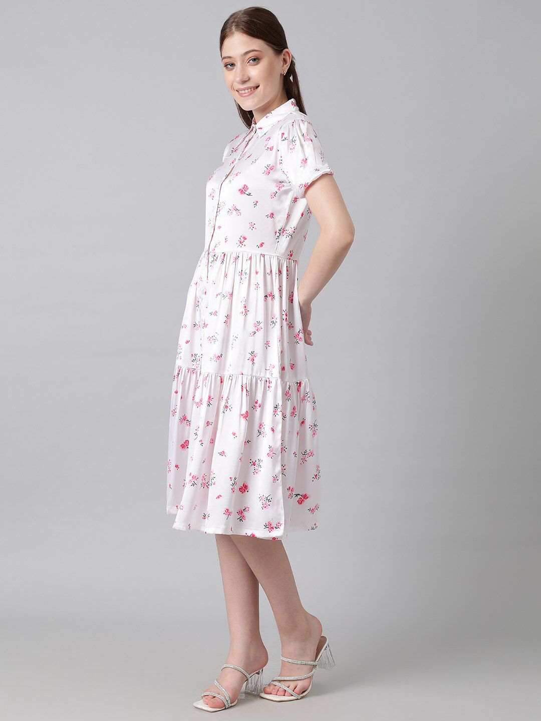 Kotty White & Pink Floral Printed Puffed Sleeves Tiered Satin Shirt Style Midi Dress