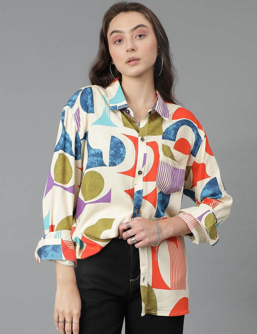 Kotty Women Spread Collar Abstract Printed Cotton Oversized Casual Shirt