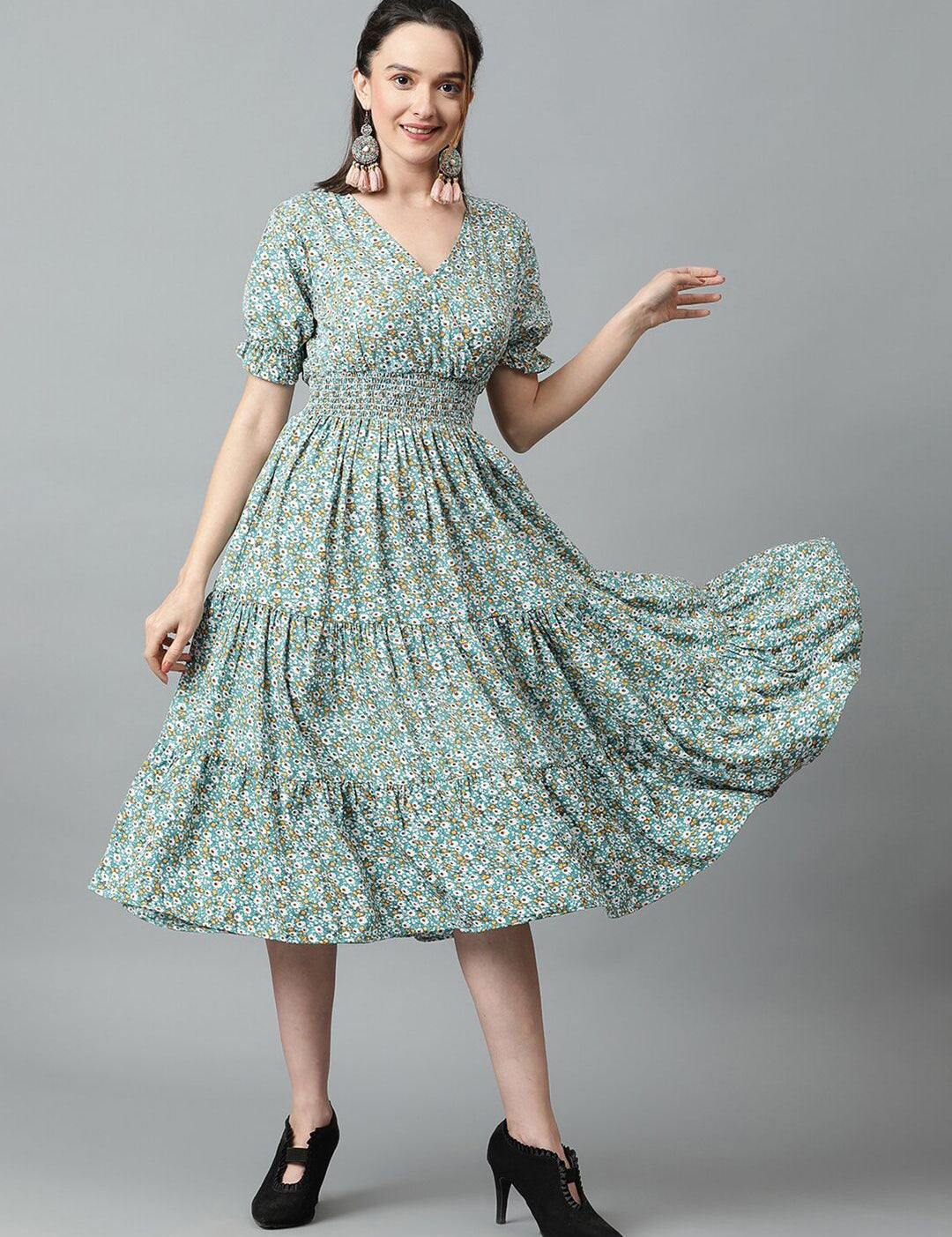 Kotty Blue & White Floral Printed Puff Sleeve Crepe Smocked Tiered Fit & Flare Midi Dress