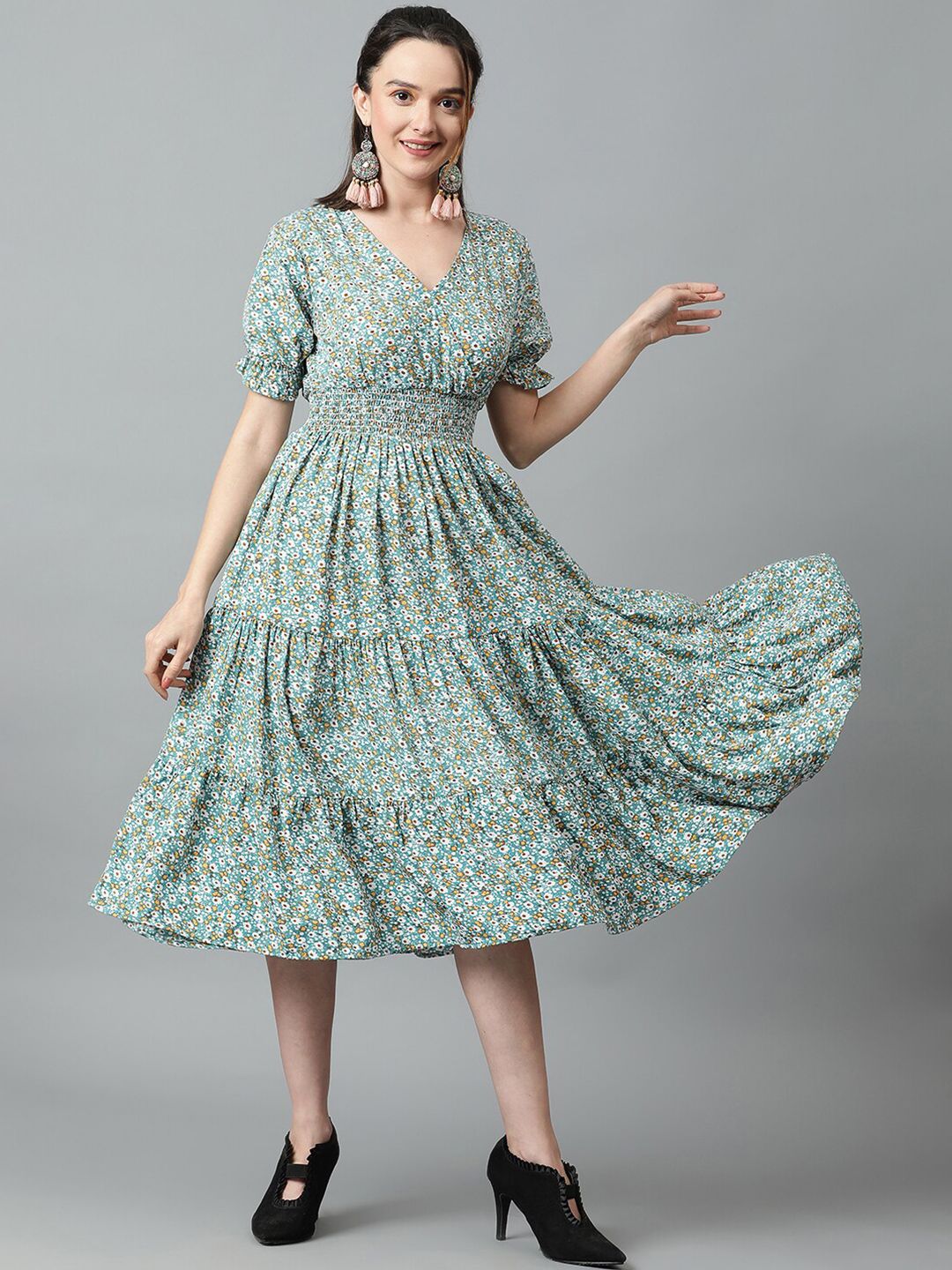 Kotty Blue & White Floral Printed Puff Sleeve Crepe Smocked Tiered Fit & Flare Midi Dress