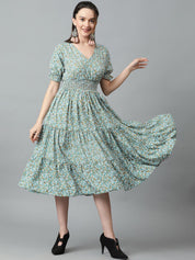 Kotty Blue & White Floral Printed Puff Sleeve Crepe Smocked Tiered Fit & Flare Midi Dress