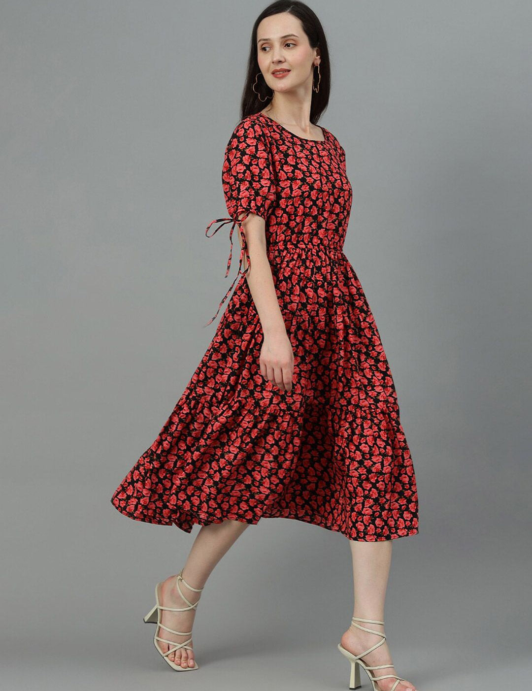 Kotty Black & Red Floral Printed Crepe Tiered Fit & Flare Midi Dress