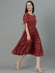 Kotty Black & Red Floral Printed Crepe Tiered Fit & Flare Midi Dress