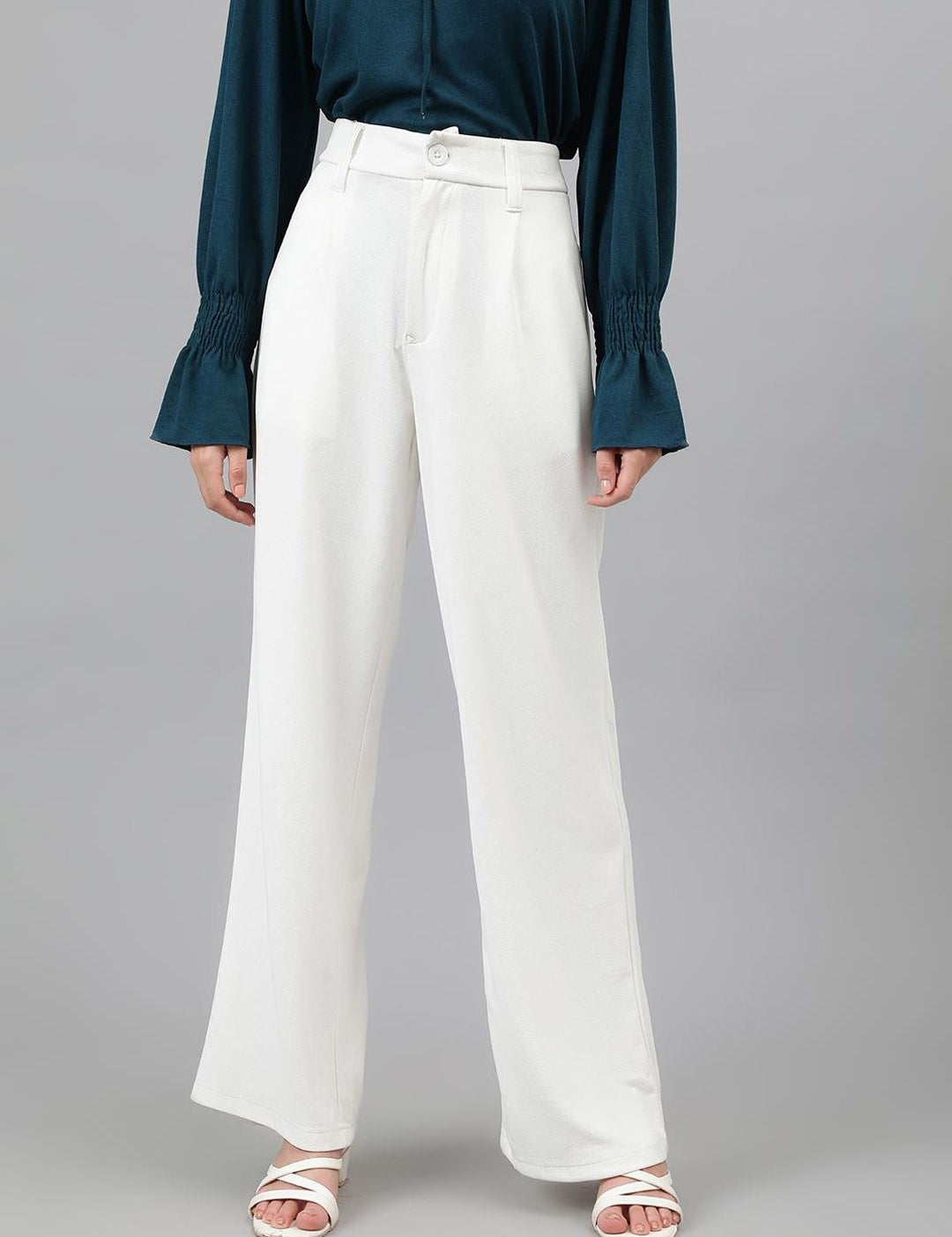 KOTTY BIZwear Women White Relaxed Straight Leg Straight Fit High-Rise Easy Wash Pleated Trousers