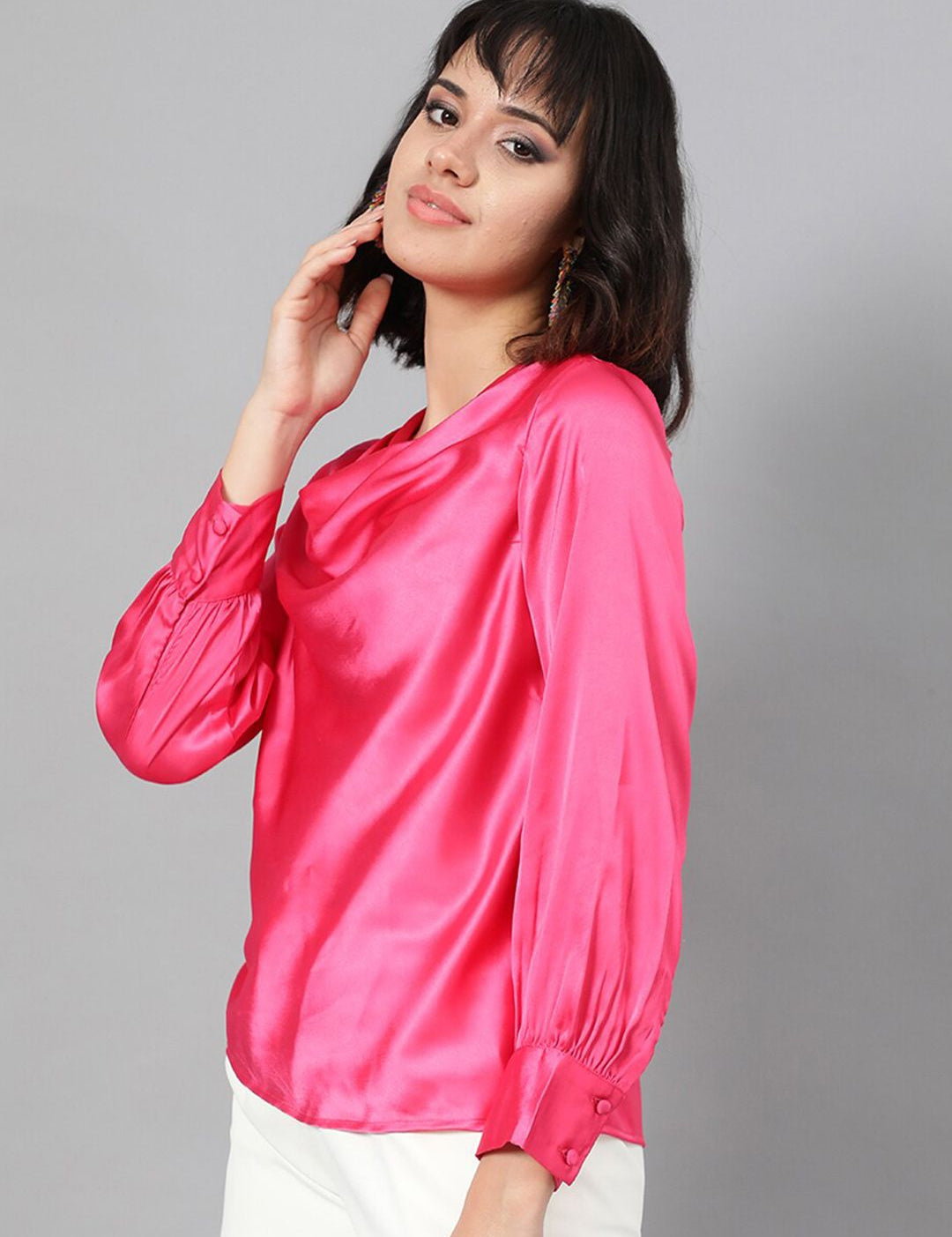 Kotty Pink Cowl Neck Cuffed Sleeve Satin Regular Top