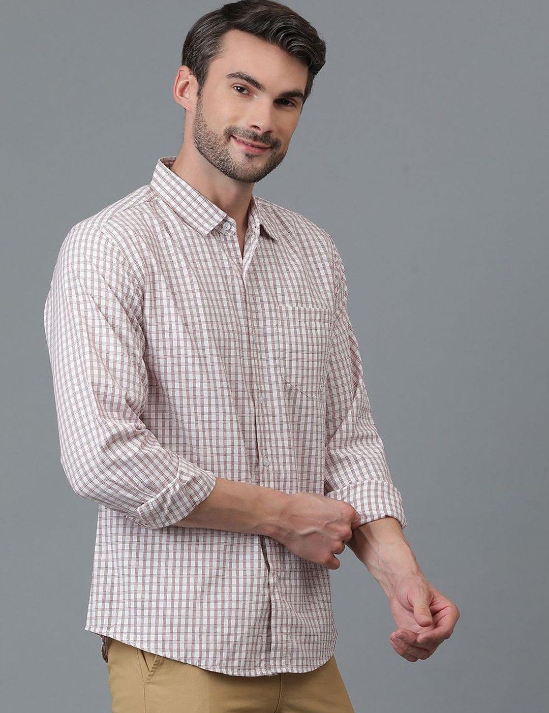 Kotty White & Red New Checked Spread Collar Casual Shirt
