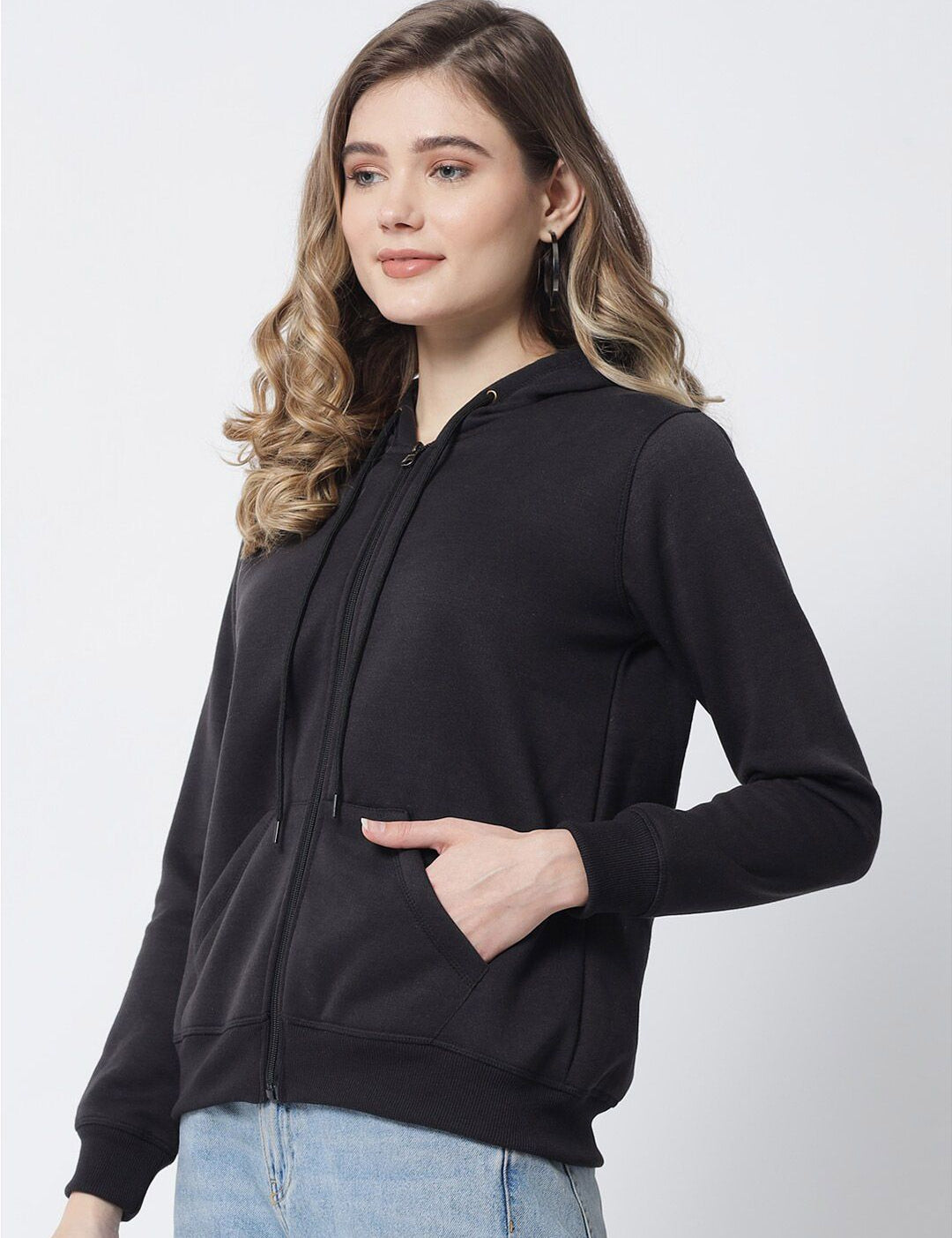 Kotty Women Black Hooded Fleece Sweatshirt