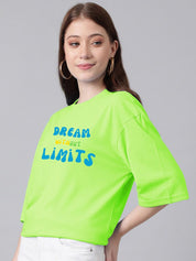 Kotty Lime Green & Blue Typography Printed Drop Shoulder Sleeves Oversized Casual T-Shirt