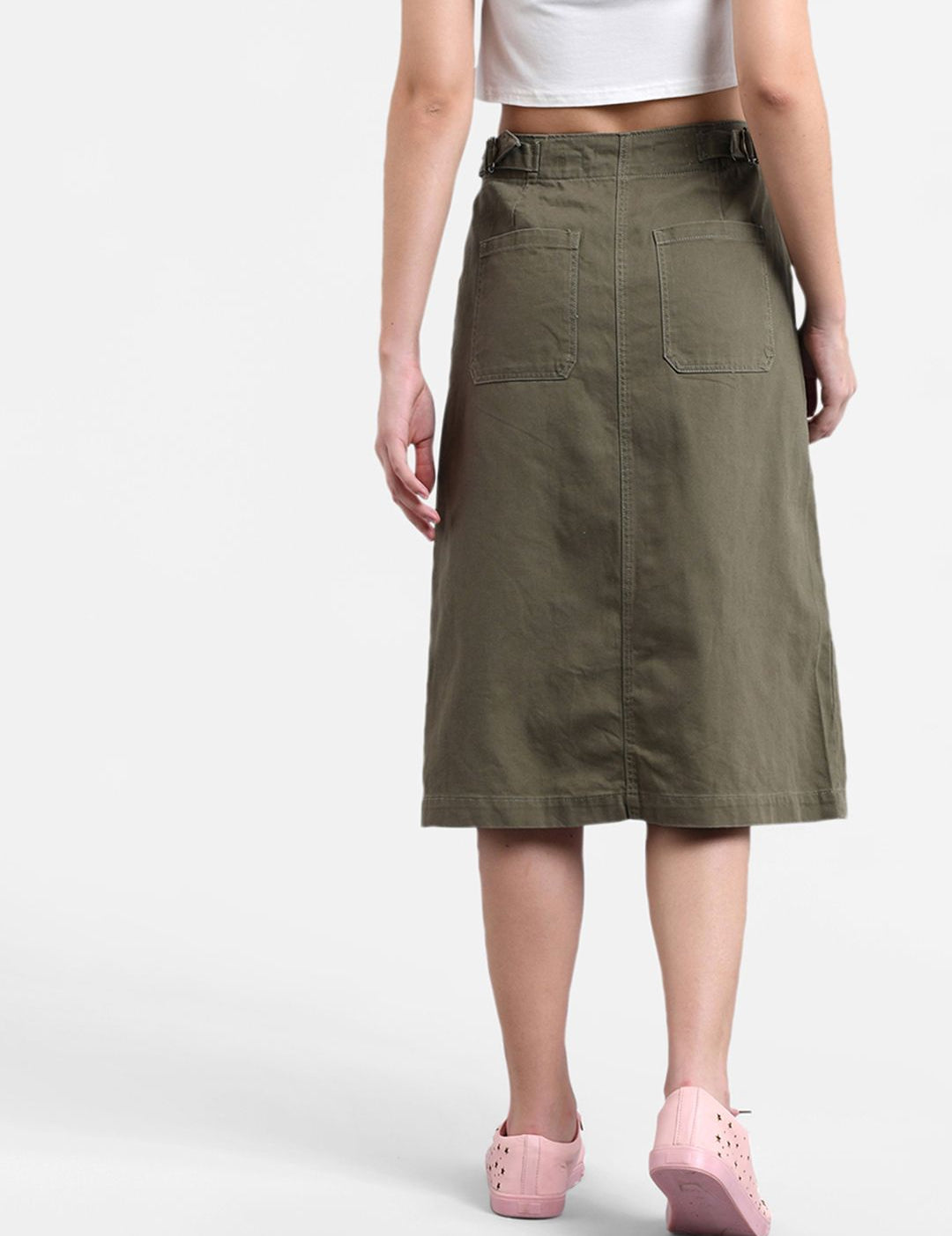 Kotty Women Olive Green Solid Denim Midi A-Line Skirt