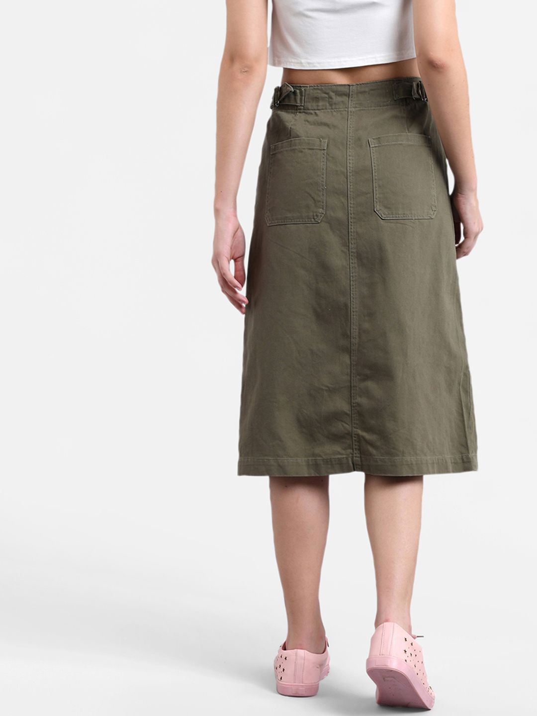 Kotty Women Olive Green Solid Denim Midi A-Line Skirt