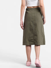 Kotty Women Olive Green Solid Denim Midi A-Line Skirt