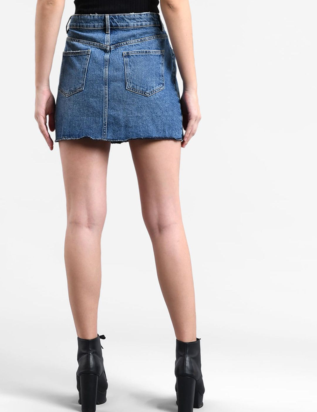 Kotty Women Blue Solid Mini Denim Raw Edge Skirt