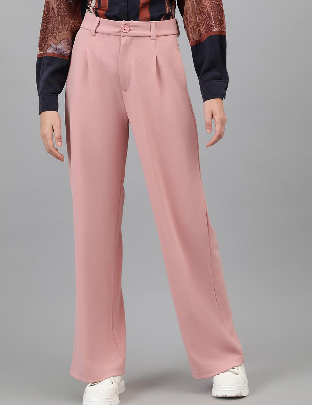 Kotty Women Pink Relaxed Straight Leg Straight Fit High-Rise Easy Wash Pleated Trousers