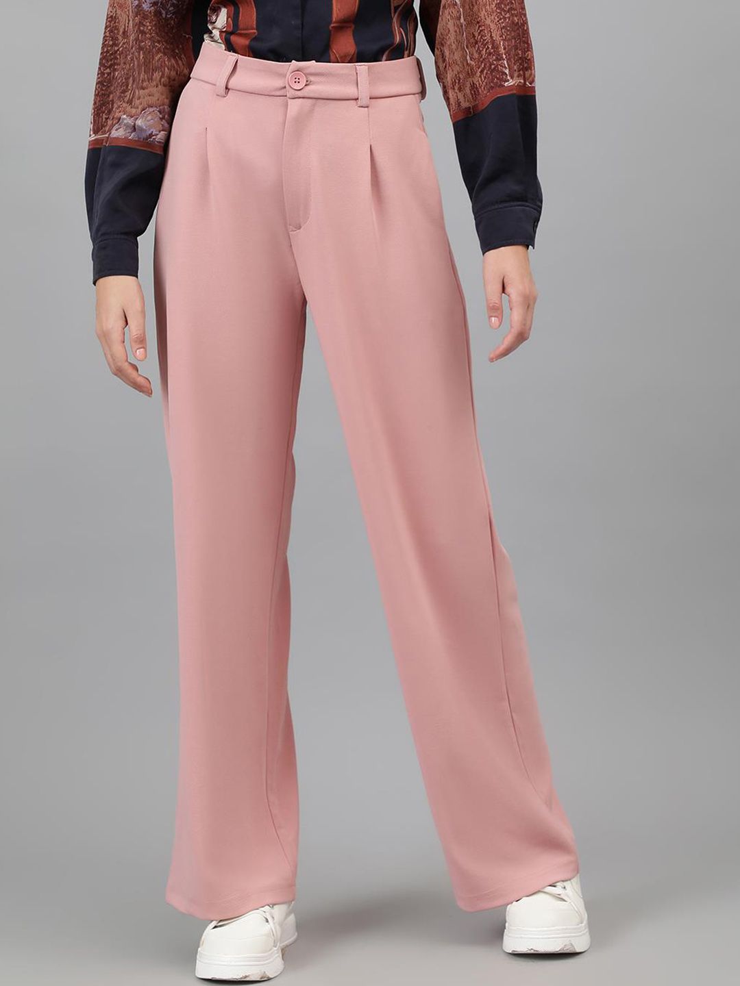 Kotty Women Pink Relaxed Straight Leg Straight Fit High-Rise Easy Wash Pleated Trousers