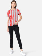 Kotty Women Red & White Striped Round Neck T-shirt