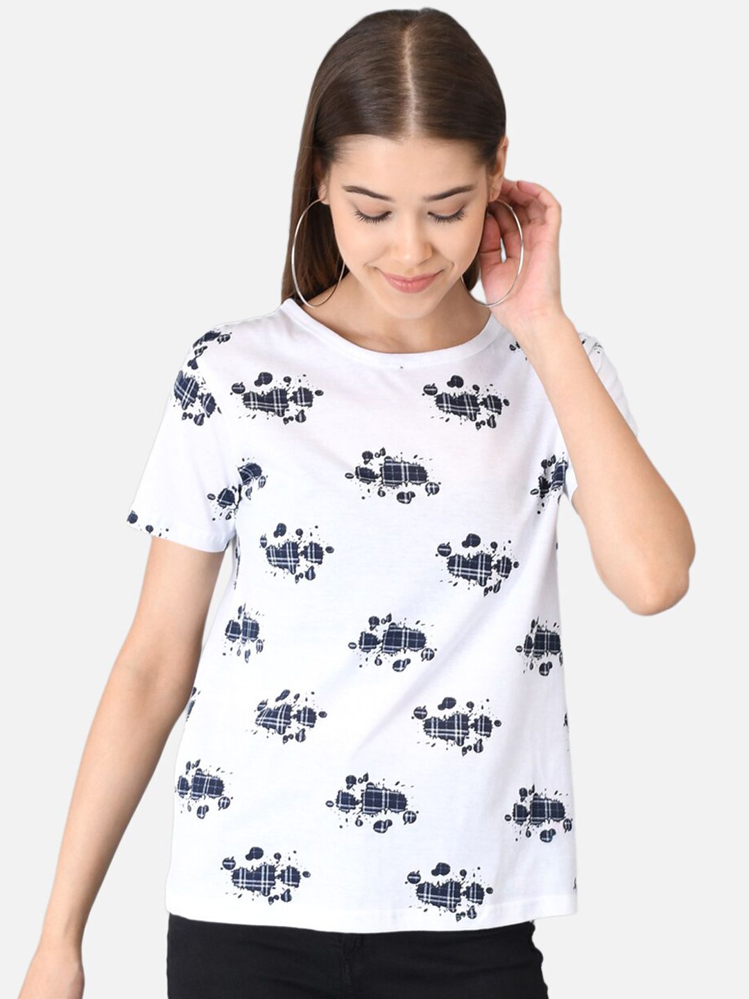Kotty Women White Printed Round Neck T-shirt