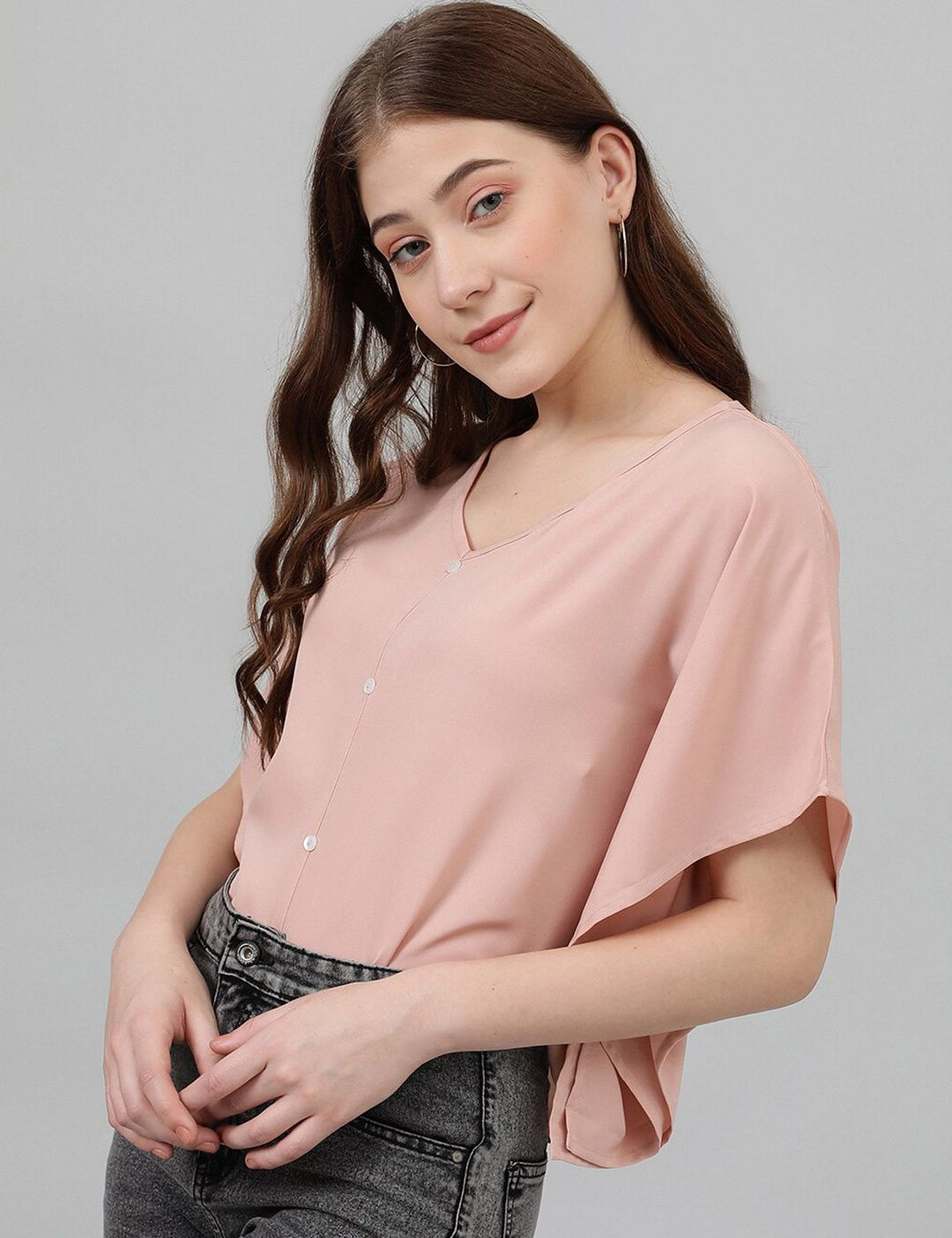 Kotty V-Neck Batwing Sleeves Solid Top