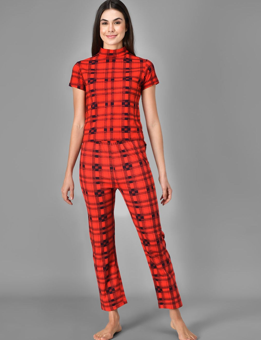 Kotty Women Red & Black Checked Night Suit