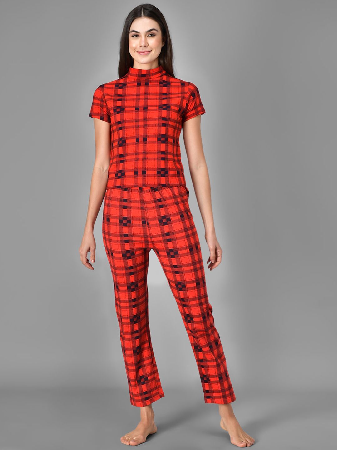 Kotty Women Red & Black Checked Night Suit