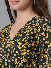 Kotty Black & Black Floral Printed V-Neck Long Sleeves Fit & Flare Dress