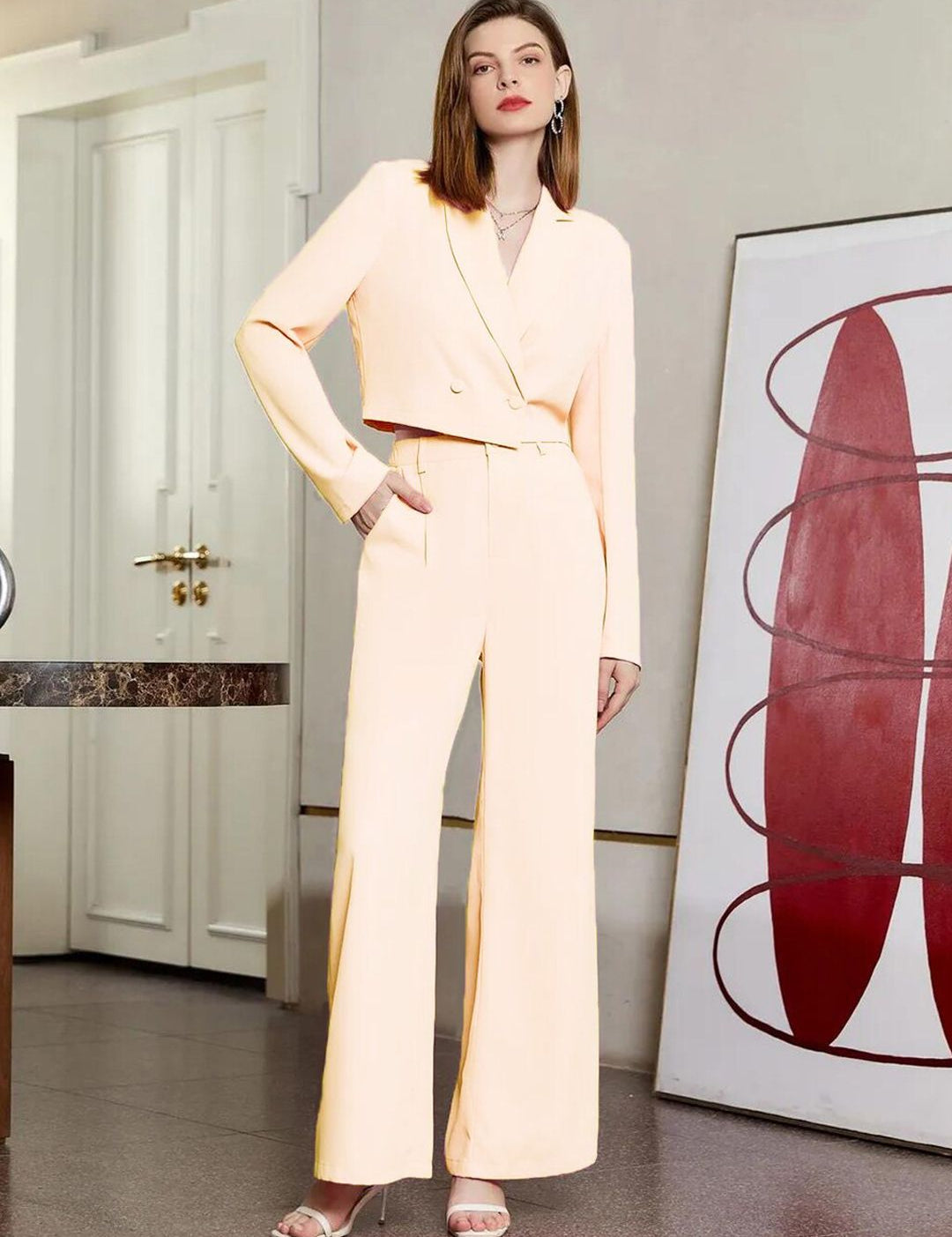 KOTTY BIZwear Beige Blazer & Trousers Co-Ord Set