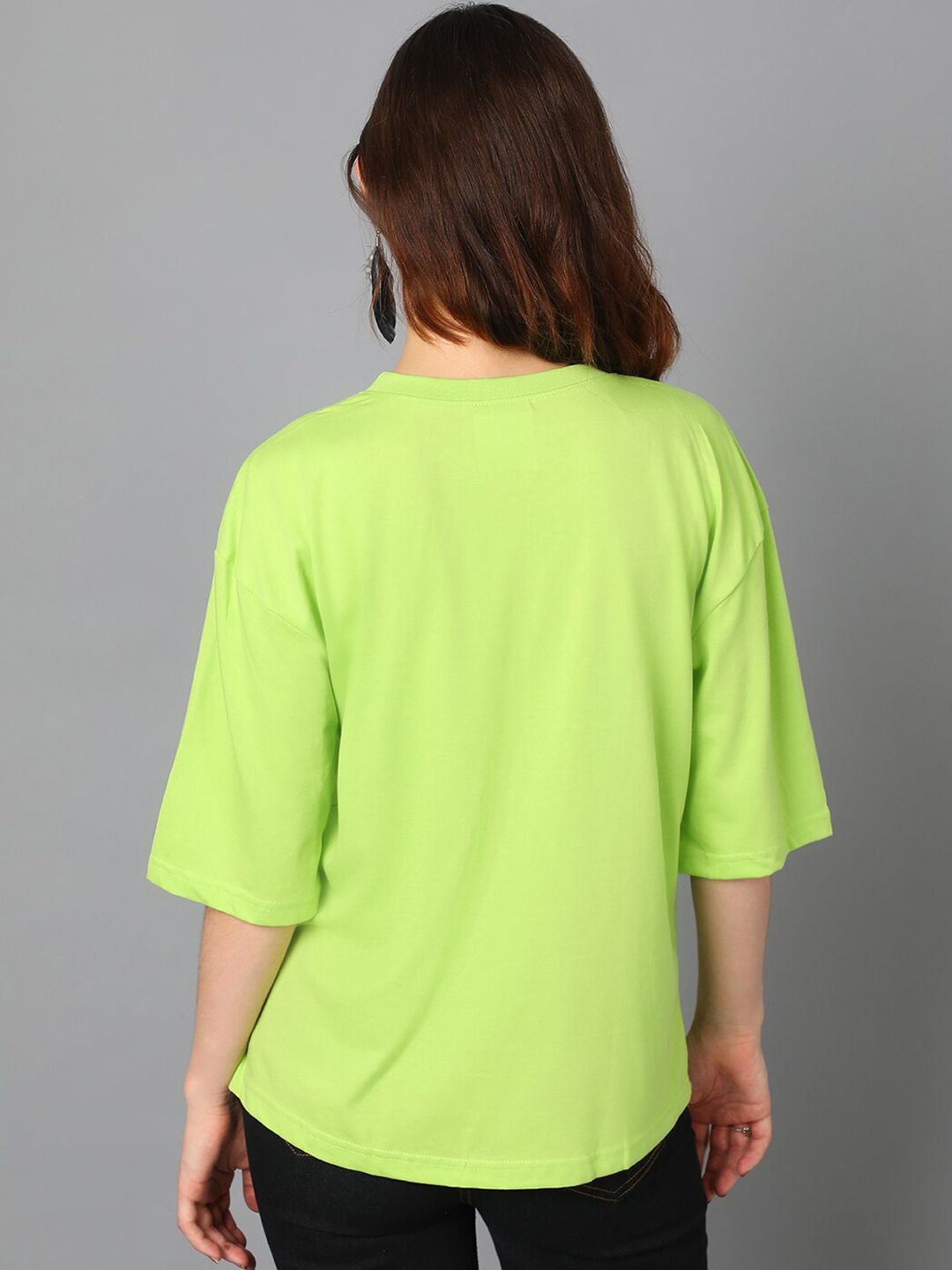 Kotty Green Typography Printed Drop-Shoulder Sleeves Oversized T-shirt