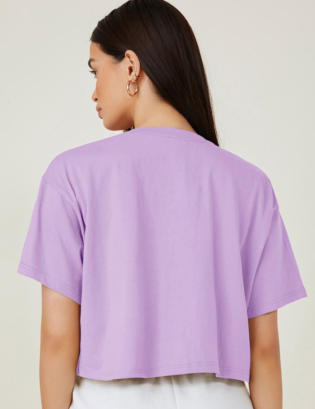 KOTTY Basics Purple Round Neck Drop-Shoulder Sleeves Crop Oversized T-shirt