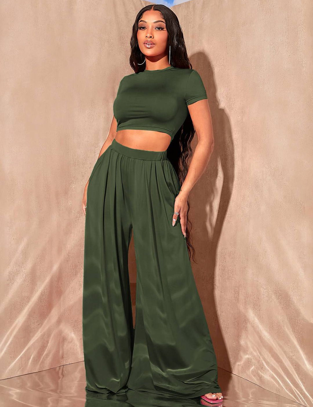 Kotty Olive Green Round Top With Palazzo