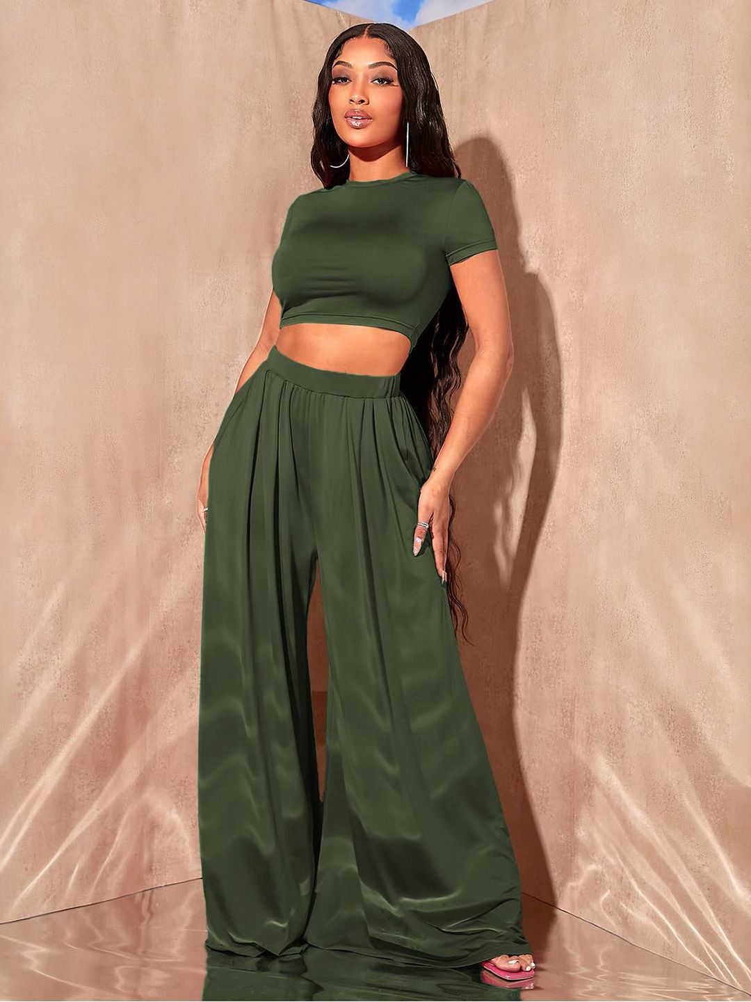 Kotty Olive Green Round Top With Palazzo