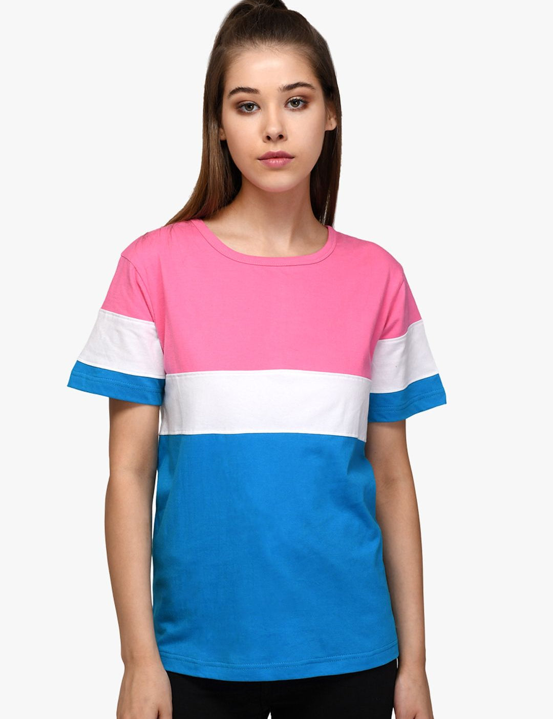 Kotty Women Blue & Pink Colourblocked Round Neck T-shirt