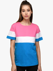 Kotty Women Blue & Pink Colourblocked Round Neck T-shirt