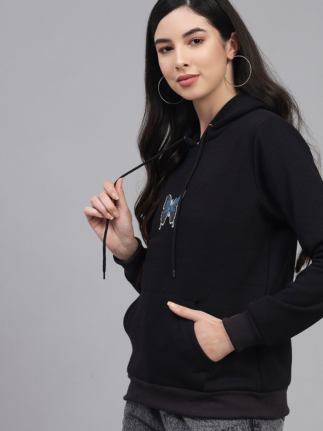 Kotty Women Black Printed Fleece Hooded Sweatshirt