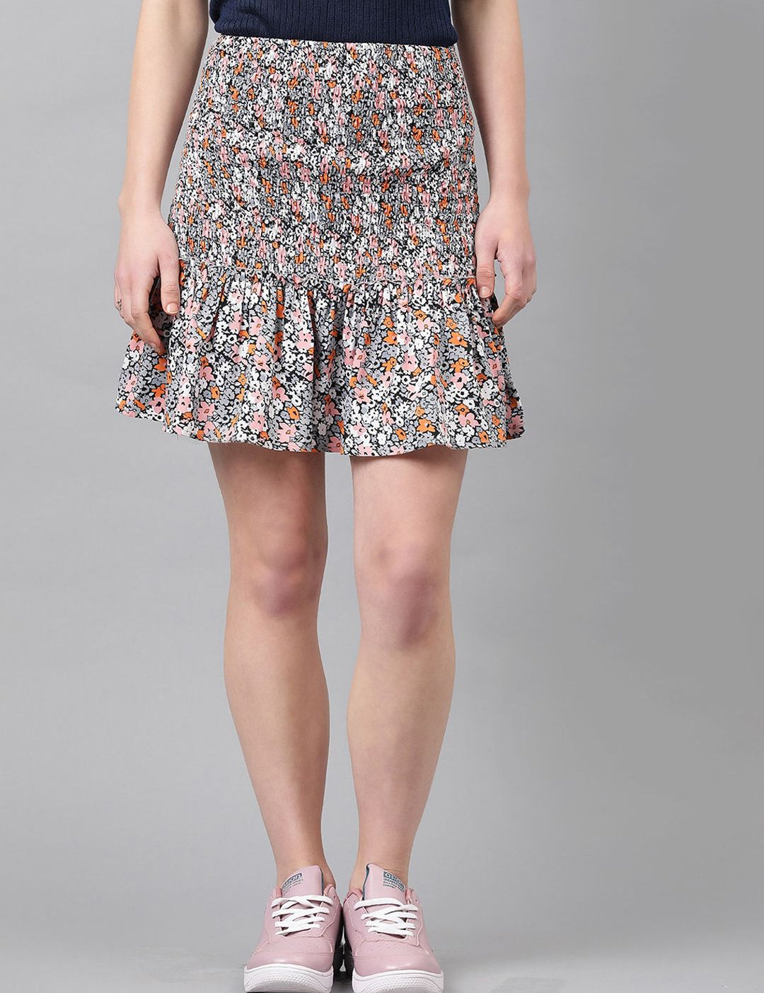 Kotty Grey Floral Printed A-line Skirt
