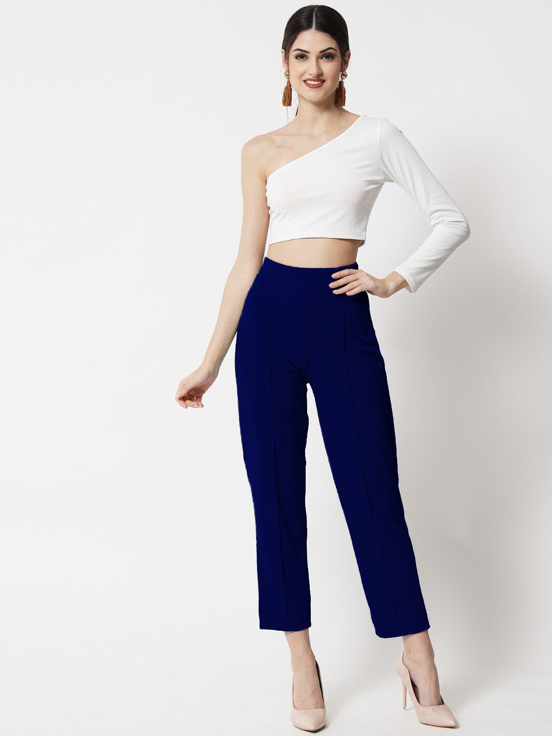 Kotty Women Blue Comfort Straight Fit High-Rise Easy Wash Pleated Trousers