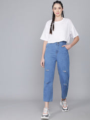 Kotty Women Blue Boyfriend Fit High-Rise Mildly Distressed Light Fade Jeans