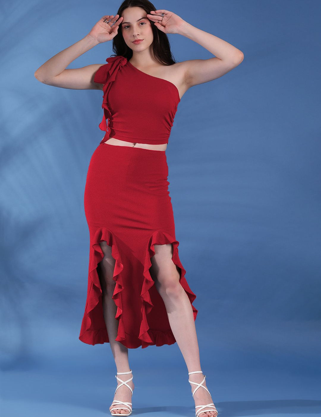 Kotty Maroon One Shoulder Top With Skirt