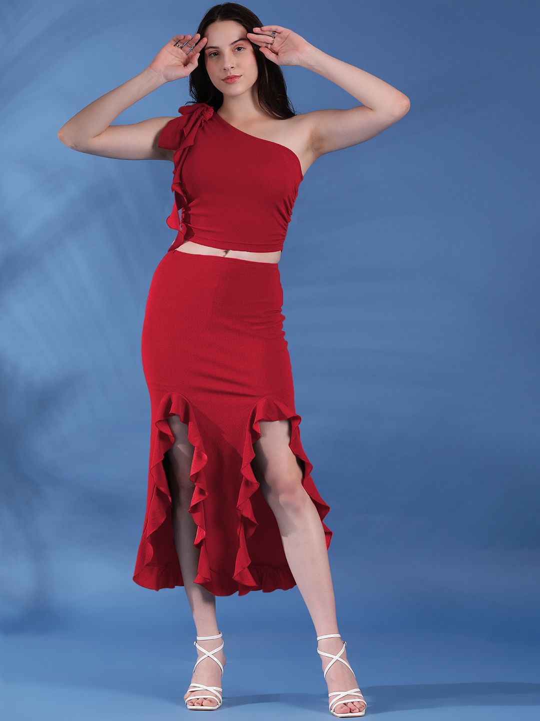 Kotty Maroon One Shoulder Top With Skirt