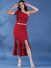 Kotty Maroon One Shoulder Top With Skirt