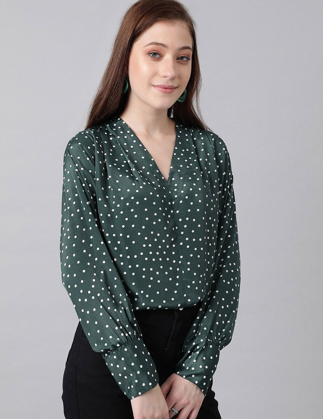 Kotty Green & White Polka Dot Print V-Neck Cuffed Sleeves Satin Crepe Top