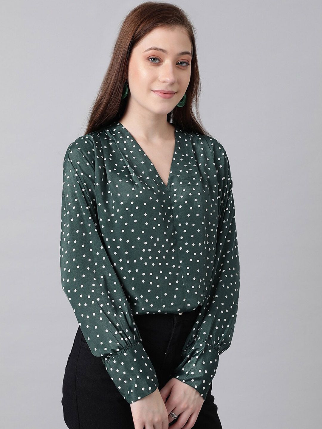 Kotty Green & White Polka Dot Print V-Neck Cuffed Sleeves Satin Crepe Top