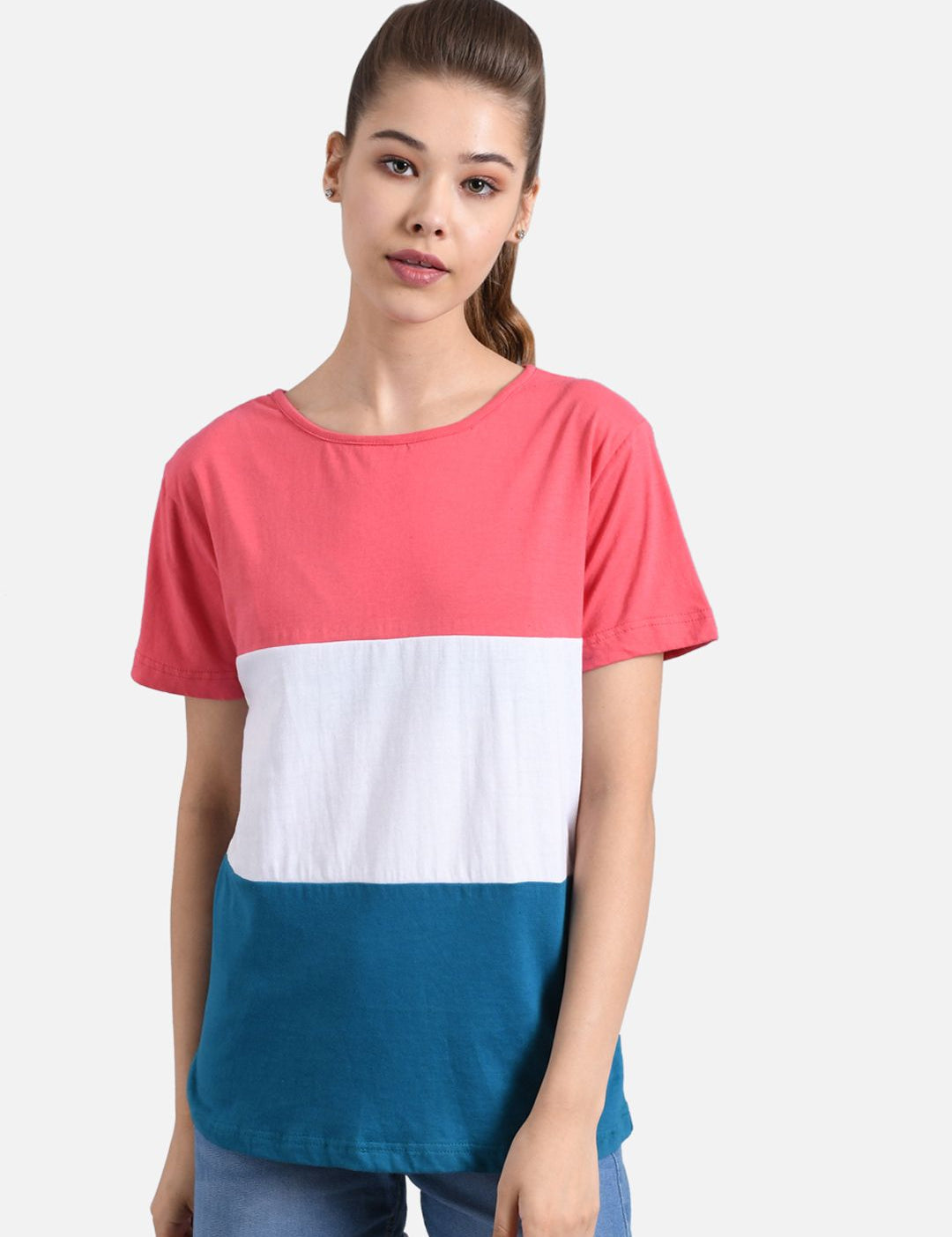 Kotty Women Pink & White Colourblocked Round Neck T-shirt