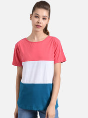 Kotty Women Pink & White Colourblocked Round Neck T-shirt