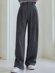 Kotty Women Grey Relaxed Straight Leg Straight Fit High-Rise Pleated Trousers