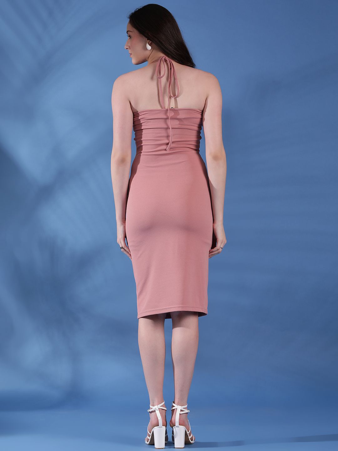 Kotty Solid Tie-Up Neck Bodycon Midi Dress