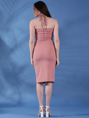 Kotty Solid Tie-Up Neck Bodycon Midi Dress