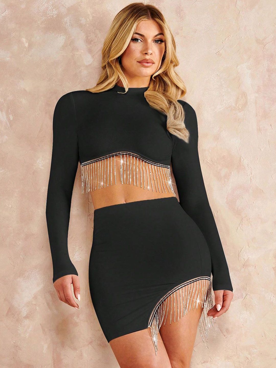 Kotty Black Round Neck Top With Skirt 