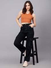 KOTTY Basics Women Straight Fit High-Rise Mildly Distressed Stretchable Cargo Styles Jeans